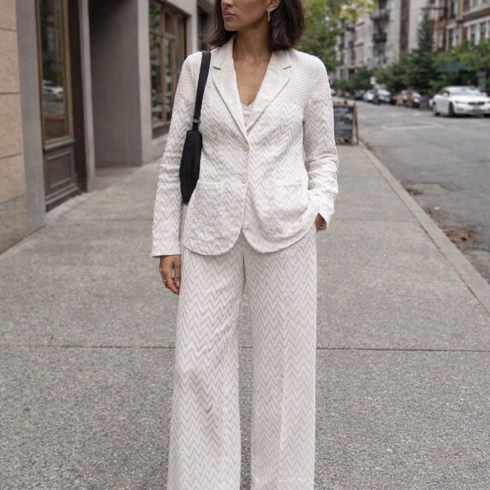 Missoni Italy White Knit Chevron Suit Set Blazer & Wide Leg Pants EU 44 / US 8